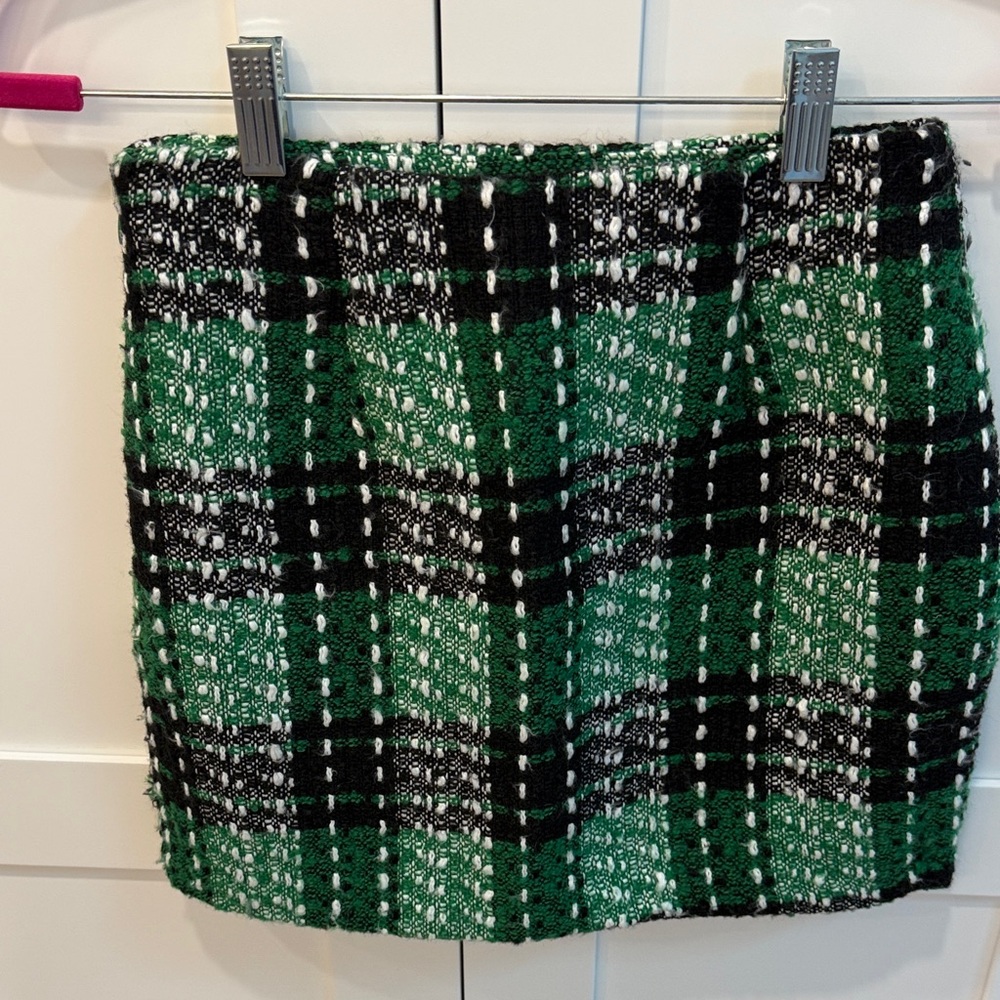 English Factory Green and Black Plaid Mini Skirt